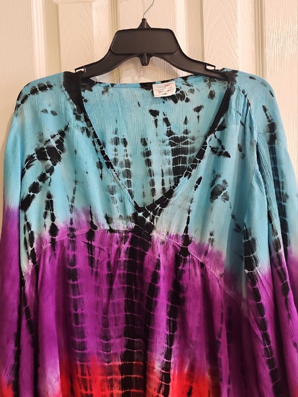 Greater Good Tie-Dye V-Neck Gauzy Tunic Top - Aqua, Purple & Red L/XL - Picture 2 of 14